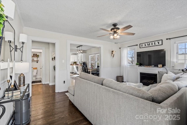 living area featuring a textured ceiling, a fireplace, dark wood-type flooring, and ceiling fan with notable chandelier