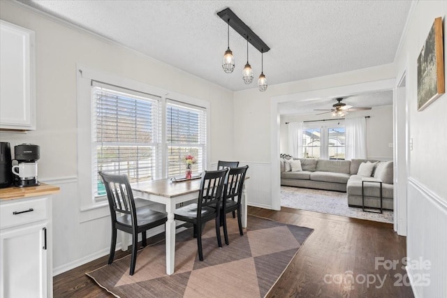 dining area with ceiling fan, dark wood finished floors, a textured ceiling, and wainscoting