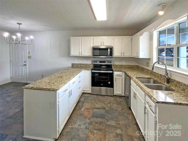 kitchen featuring light stone counters, stainless steel appliances, a peninsula, a sink, and white cabinetry