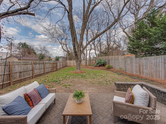 view of yard with outdoor lounge area, a patio area, and a fenced backyard