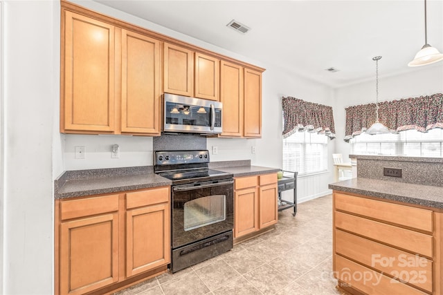 kitchen with black range with electric cooktop, stainless steel microwave, visible vents, and dark countertops