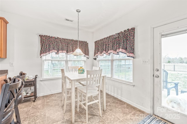 dining room featuring visible vents, plenty of natural light, and baseboards