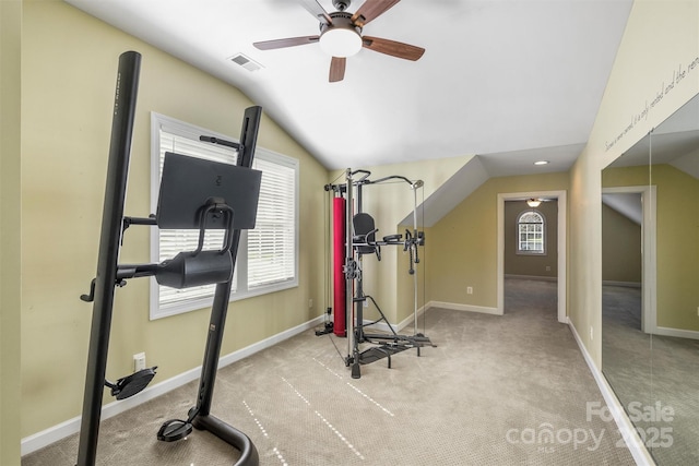 workout room featuring baseboards, visible vents, lofted ceiling, ceiling fan, and carpet floors