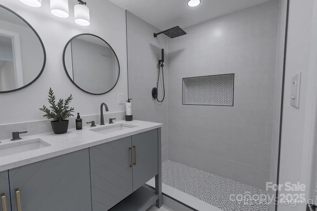 116 11th St, Spencer, NC 28159 - full bathroom featuring double vanity, walk in shower, and recessed lighting