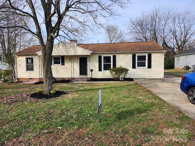 single story home featuring a front yard, central air condition unit, crawl space, and a chimney