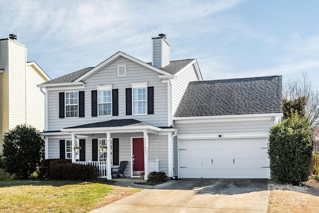 traditional-style home featuring a shingled roof, concrete driveway, a chimney, an attached garage, and covered porch