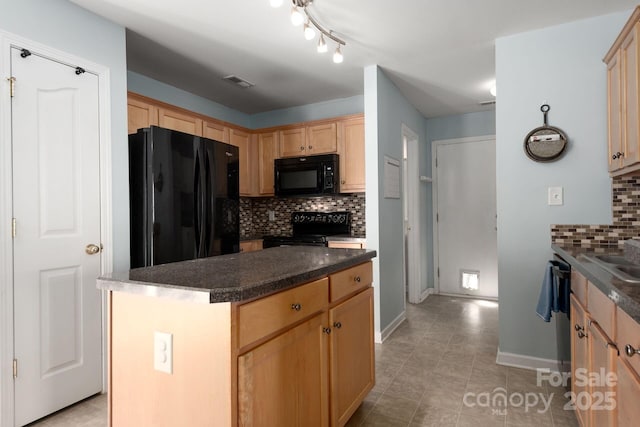 kitchen with light brown cabinets, visible vents, backsplash, black appliances, and dark countertops