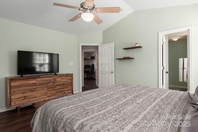 bedroom featuring lofted ceiling, ceiling fan, and wood finished floors