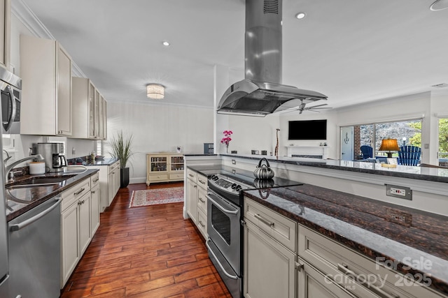 kitchen with dark wood-style flooring, appliances with stainless steel finishes, ornamental molding, ceiling fan, and island range hood