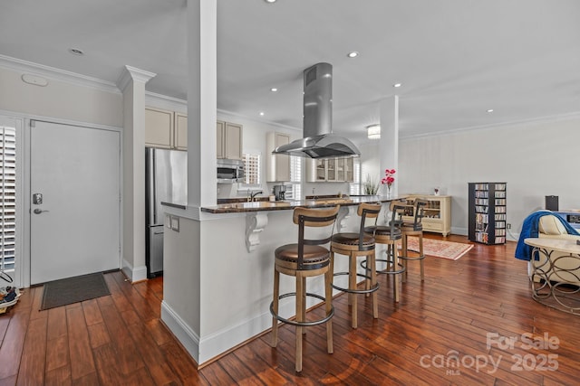 kitchen featuring island range hood, dark wood-style floors, appliances with stainless steel finishes, a kitchen breakfast bar, and crown molding