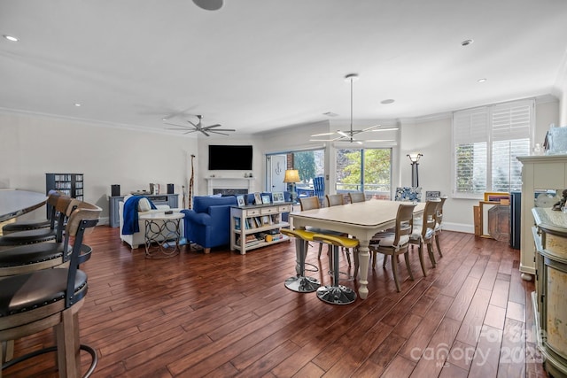 dining room featuring crown molding, a fireplace, a ceiling fan, and wood finished floors