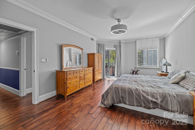 bedroom featuring wood-type flooring, ornamental molding, access to outside, and baseboards