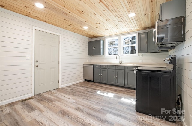 kitchen featuring light wood finished floors, dishwasher, wood ceiling, and light countertops