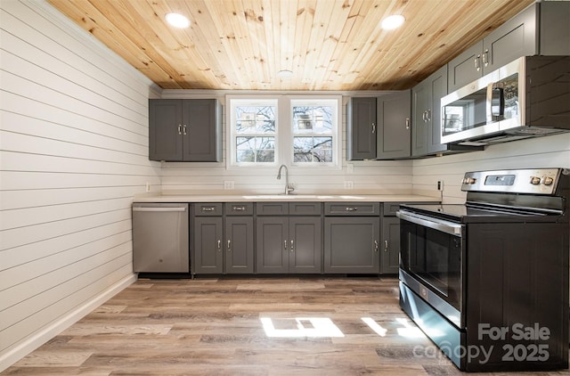 kitchen with light wood-type flooring, gray cabinetry, a sink, appliances with stainless steel finishes, and wood ceiling