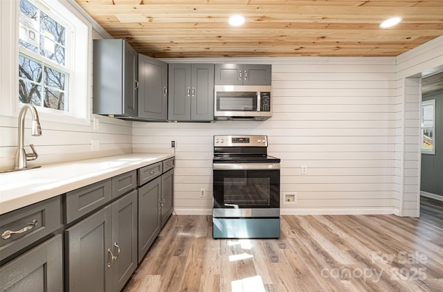 kitchen featuring gray cabinets, a sink, stainless steel appliances, wood ceiling, and light wood-type flooring