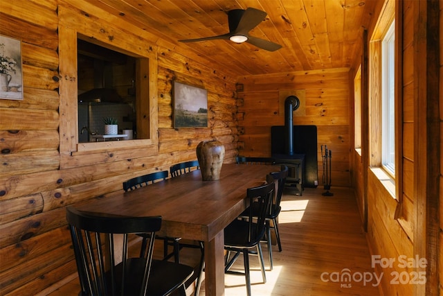 dining area featuring wood ceiling, wooden walls, ceiling fan, and wood finished floors