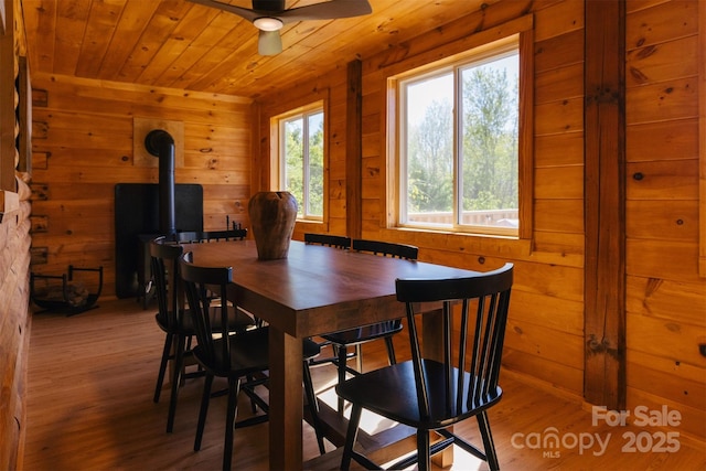 dining room with a ceiling fan, wood ceiling, wooden walls, and wood finished floors