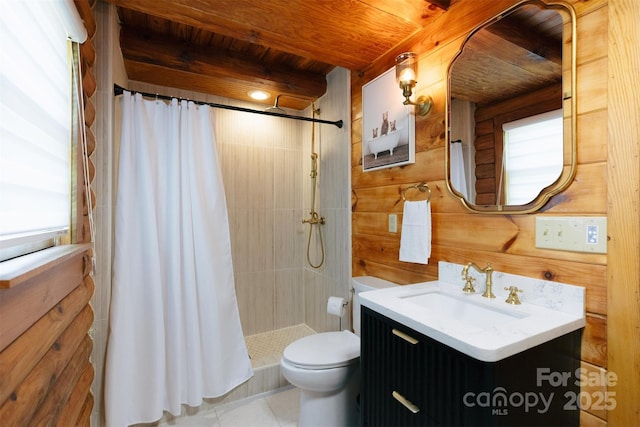 bathroom with a stall shower, wooden ceiling, beamed ceiling, vanity, and wood walls