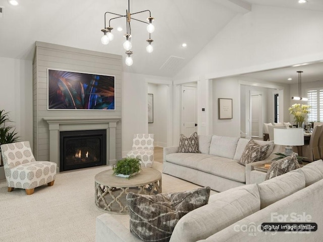 living room featuring a fireplace, high vaulted ceiling, carpet flooring, a chandelier, and beamed ceiling