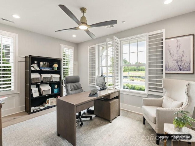 office with a ceiling fan, recessed lighting, light wood-type flooring, and visible vents