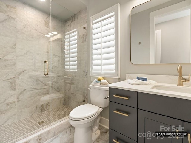 bathroom featuring vanity, a shower stall, and toilet