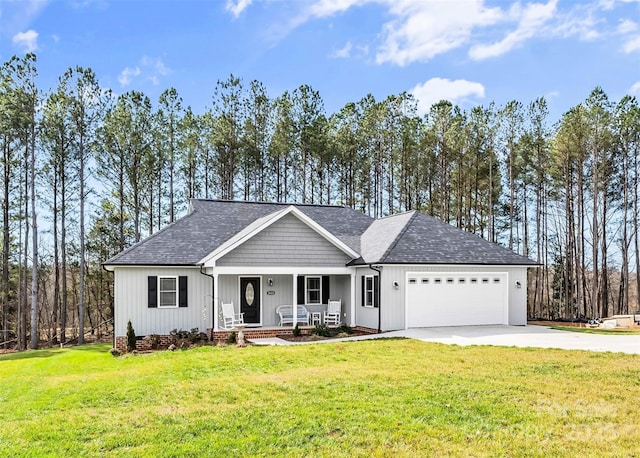 ranch-style house with driveway, a garage, a porch, roof with shingles, and a front lawn