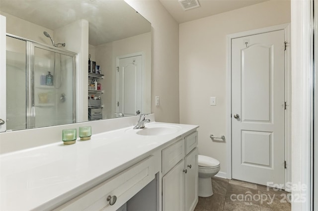 bathroom featuring visible vents, toilet, a shower stall, and vanity