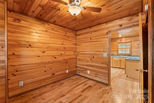 empty room with wood ceiling, a ceiling fan, light wood-type flooring, and wood walls