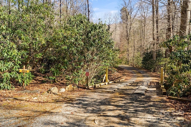 view of street with a forest view