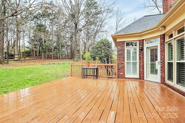 wooden terrace featuring a yard and a fenced backyard