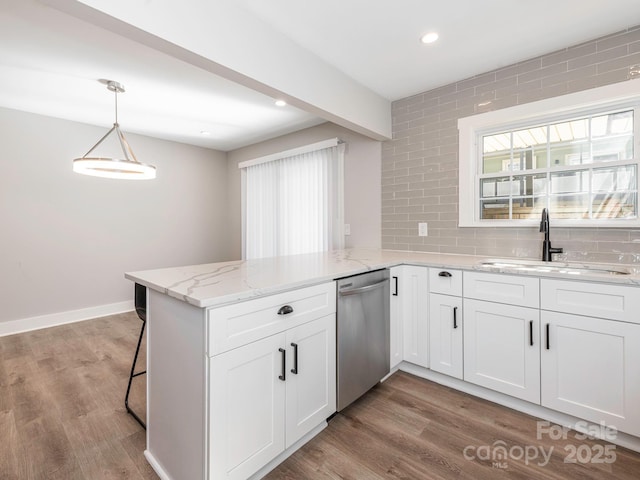 kitchen with stainless steel dishwasher, plenty of natural light, a sink, and wood finished floors