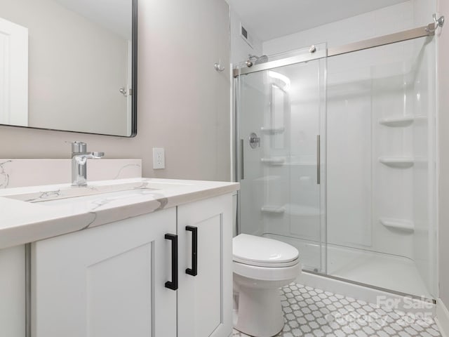 full bath featuring visible vents, a shower stall, toilet, and vanity