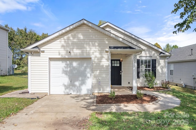 single story home with a garage, a front yard, and driveway