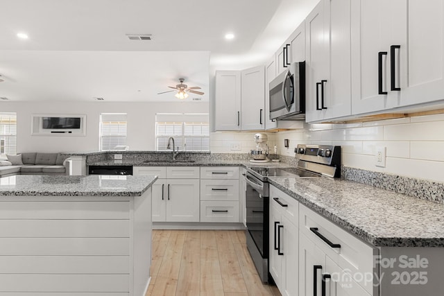 kitchen featuring a peninsula, plenty of natural light, stainless steel appliances, and a sink