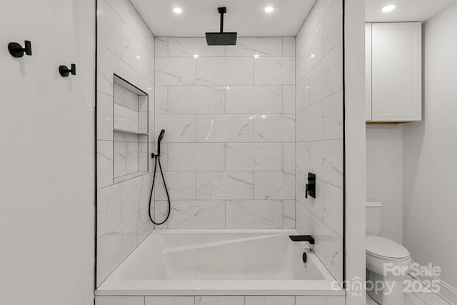 full bathroom with recessed lighting, toilet, and a combined bath / shower with rainfall shower