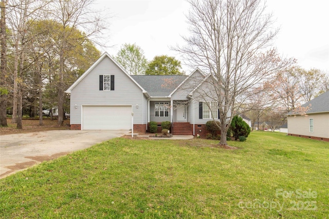 view of front of house with crawl space, roof with shingles, concrete driveway, and a front lawn