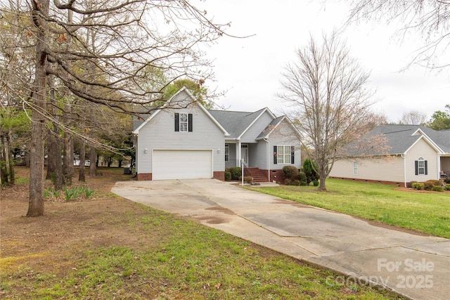 traditional-style home featuring an attached garage, concrete driveway, crawl space, and a front lawn