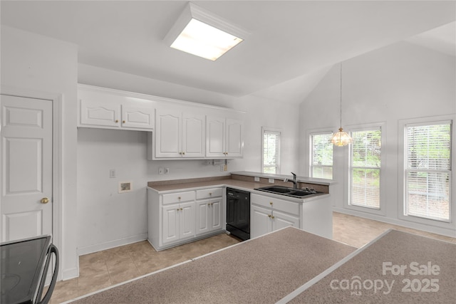 kitchen with light tile patterned floors, a peninsula, white cabinetry, dishwasher, and a sink