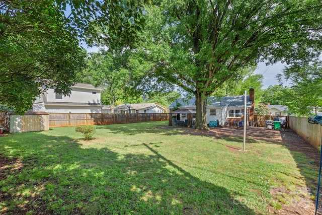 view of yard with an outbuilding and a fenced backyard