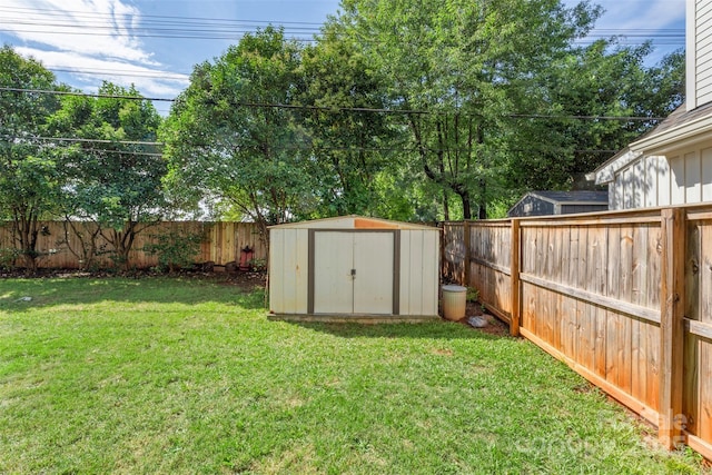 view of yard featuring a fenced backyard, a storage unit, and an outbuilding