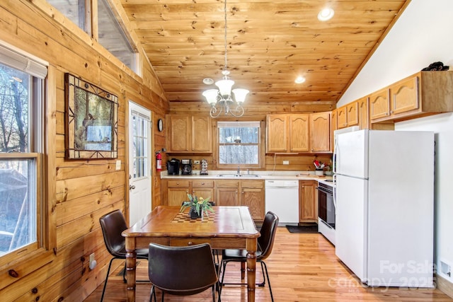 kitchen with wood ceiling, white appliances, light countertops, and lofted ceiling