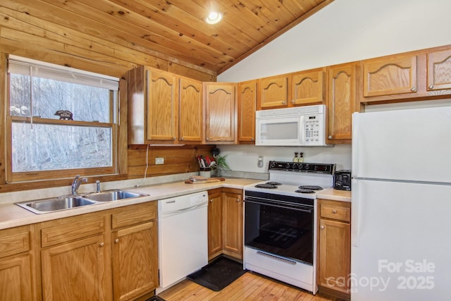 kitchen featuring lofted ceiling, light countertops, wood ceiling, a sink, and white appliances