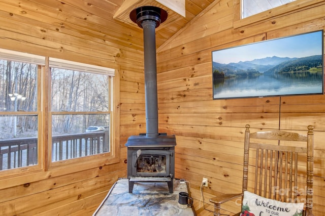 details featuring wood ceiling, wood walls, and a wood stove