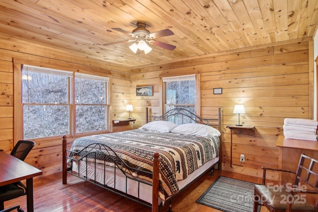 bedroom with wood ceiling, wooden walls, and hardwood / wood-style flooring