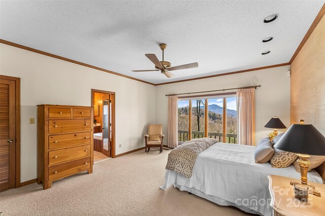 bedroom with a textured ceiling, access to outside, baseboards, ornamental molding, and light carpet