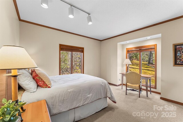 bedroom with baseboards, ornamental molding, and carpet