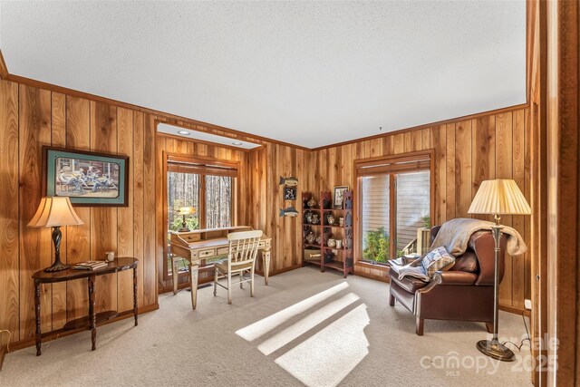 sitting room featuring wooden walls, crown molding, and carpet flooring