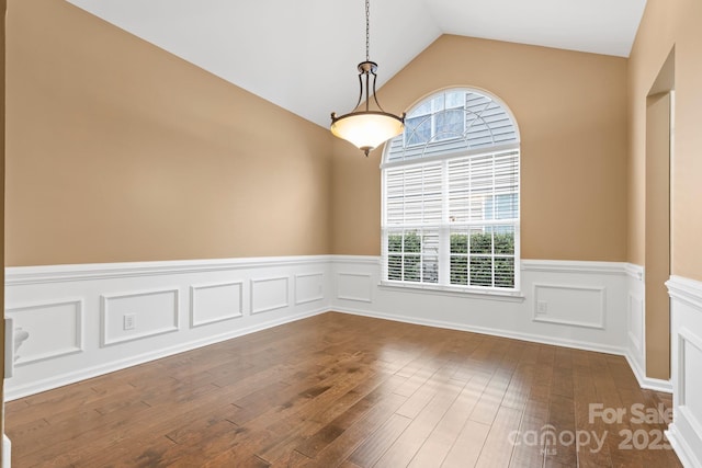 spare room with dark wood-type flooring, lofted ceiling, a wainscoted wall, and plenty of natural light