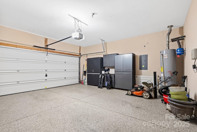 garage with water heater, electric panel, and a garage door opener