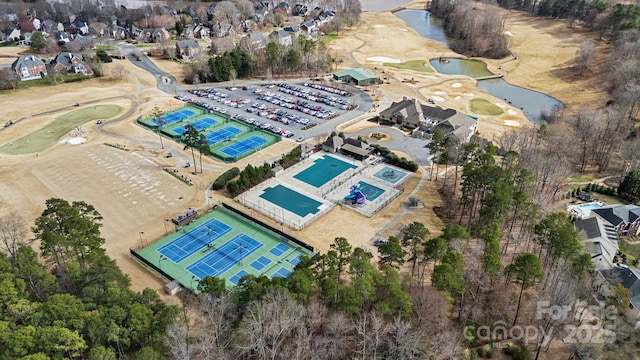 aerial view featuring a water view